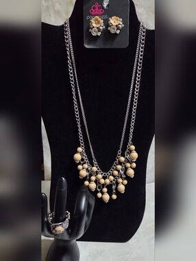 paparazzi Beige Bead Layered Necklace with Floral Earrings Set